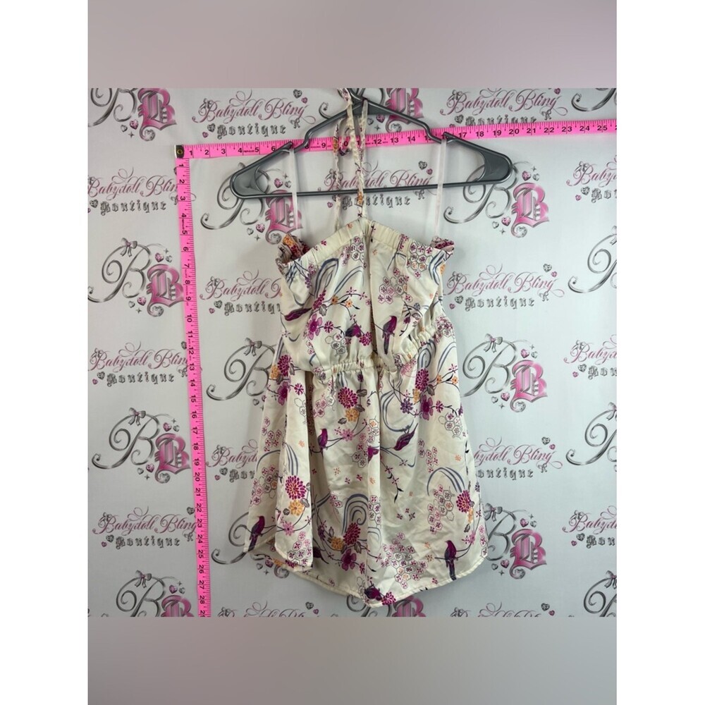 torrid halter tank top y2k Cream Sundress with Pink & Purple Floral Bird Print